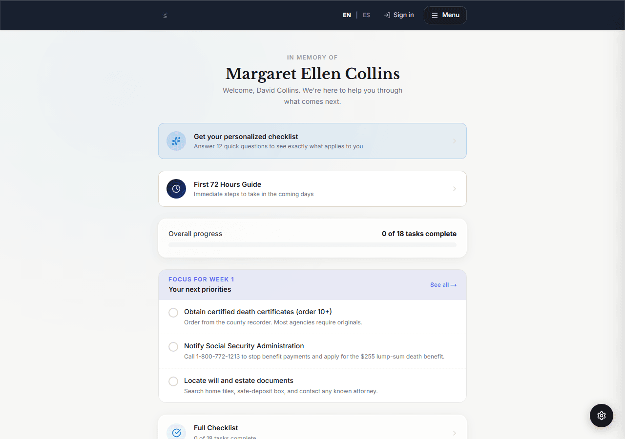 Family aftercare portal showing a personalized checklist for a family